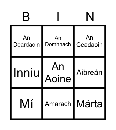 Gaeilge Bingo Card