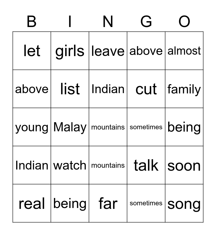 List 15 Bingo Card