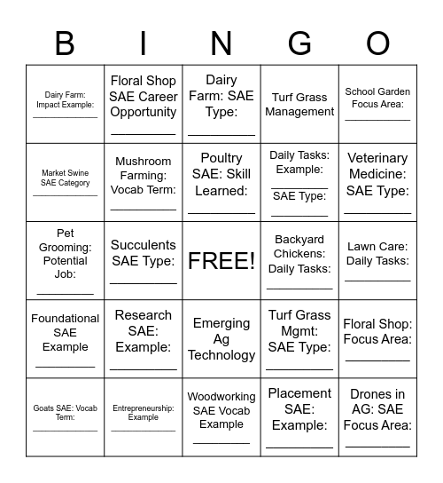 SAE Areas Bingo Card