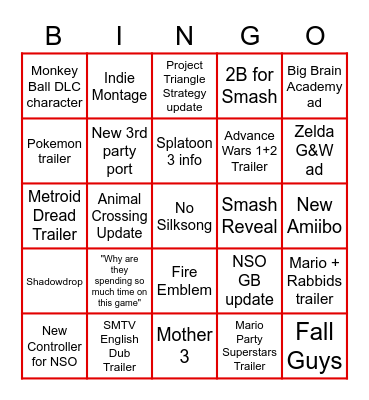 Nintendo Direct Bingo Card