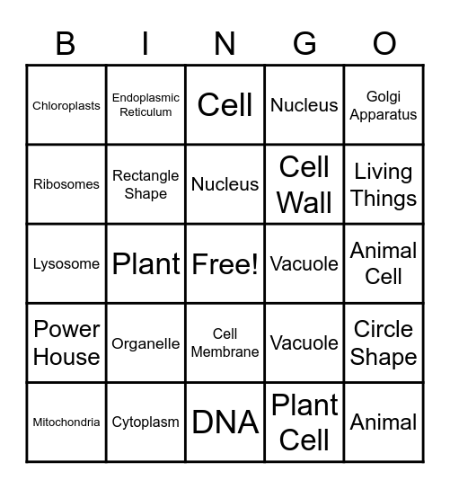 Animal Cell Vs. Plant Cell Bingo Card