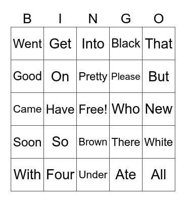 Sight Words Bingo Card