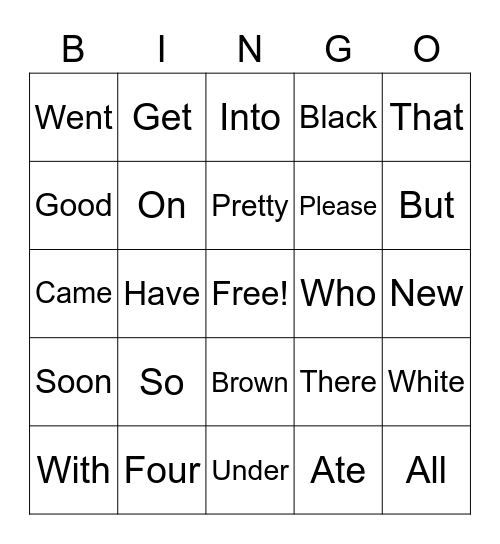 Sight Words Bingo Card