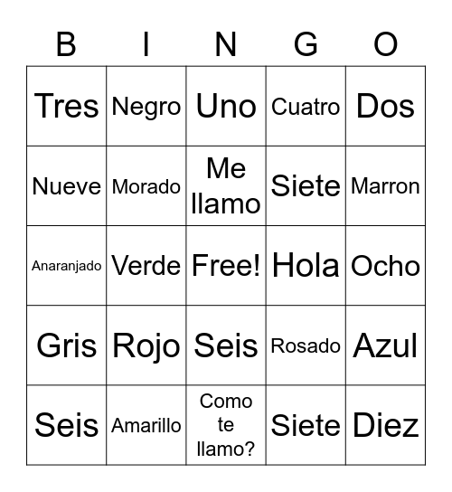 Spanish Bingo Card