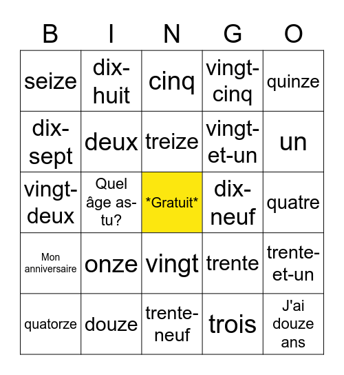 Les Nombres 0 à 31 Bingo Card