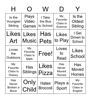 Howdy! Get to know me! Bingo Card