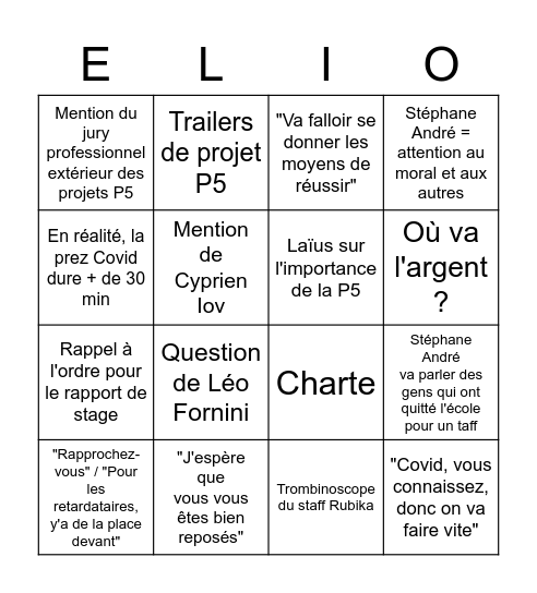 LA RENTREE !! - Eliot Version Bingo Card