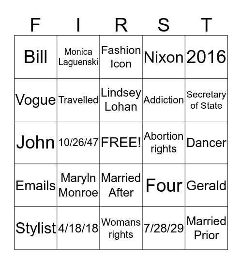First Ladies  Bingo Card