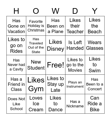 Howdy! Get to know me! Bingo Card