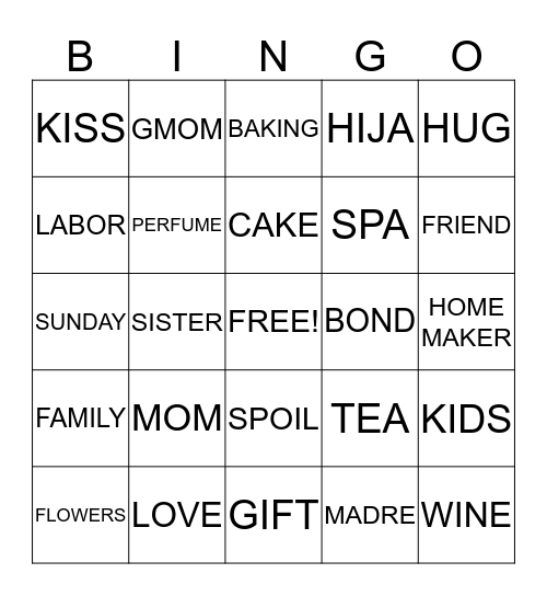 Mothers Day Bingo Card