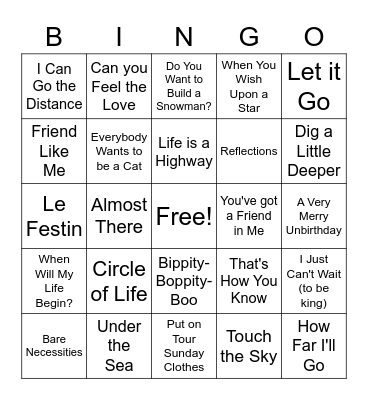 Disney Song Bingo Card