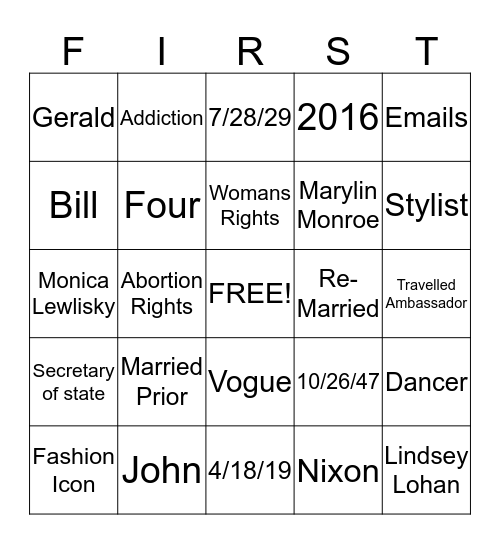 First Ladies  Bingo Card