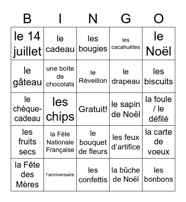 Les Noms de Fêtes Loto Bingo Card