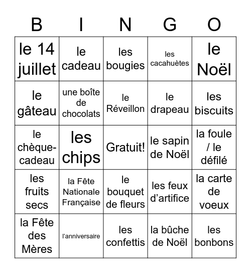 Les Noms de Fêtes Loto Bingo Card