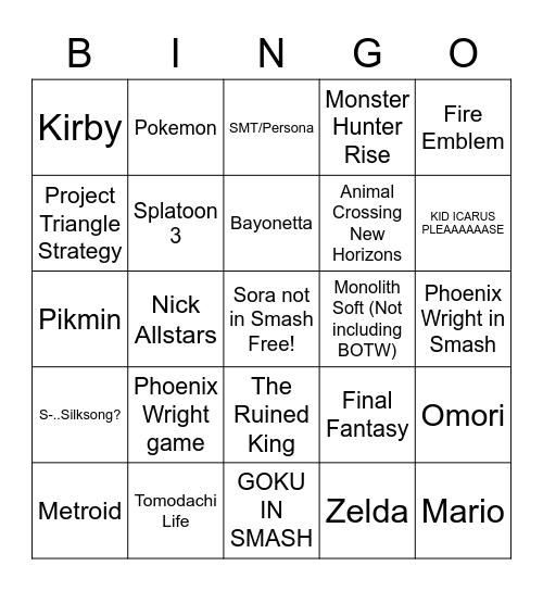 Nintomdo direct Bingo Card