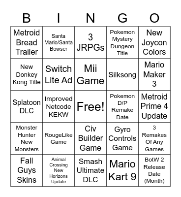 Nintendo Direct 9/23/21 Bingo Card