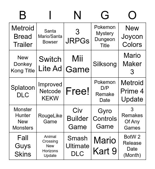 Nintendo Direct 9/23/21 Bingo Card