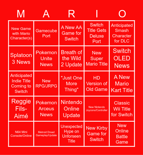 Nintendo Direct - September Update Bingo Card