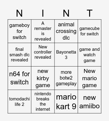 Nintendo Direct Bingo Card