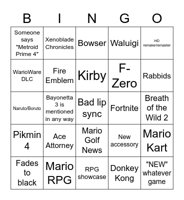 Nintendo Direct 9/23/2021 Bingo Card
