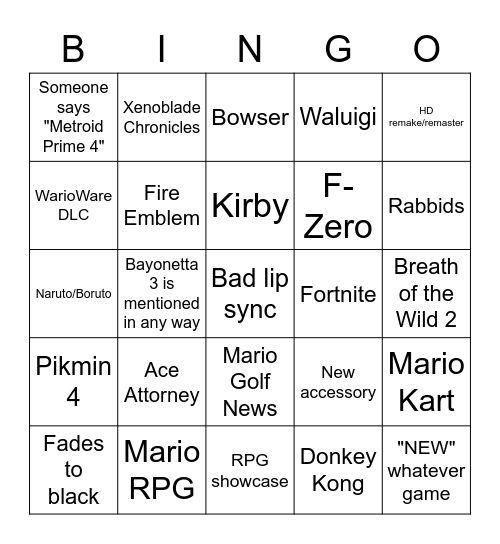 Nintendo Direct 9/23/2021 Bingo Card