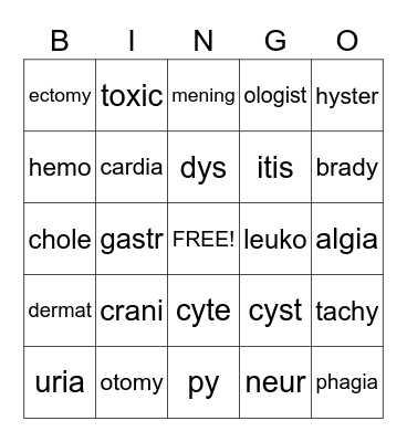 Medical Terminology Bingo Card