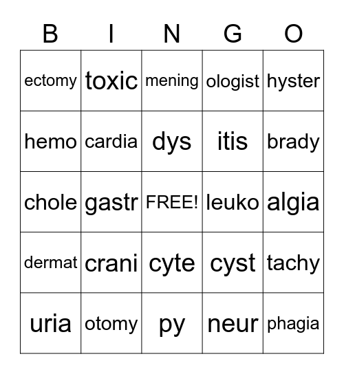 Medical Terminology Bingo Card