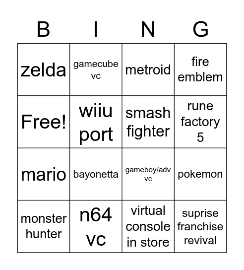 nintendo direct 9/23 Bingo Card