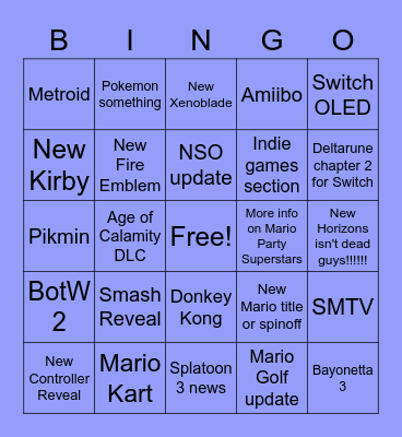 Nintendo Direct September 2021 Bingo Card