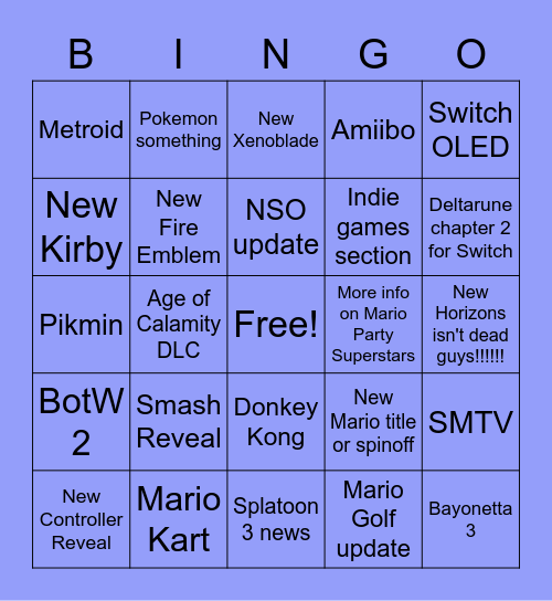 Nintendo Direct September 2021 Bingo Card