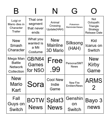 NINTENDO DIRECT 2021 Bingo Card