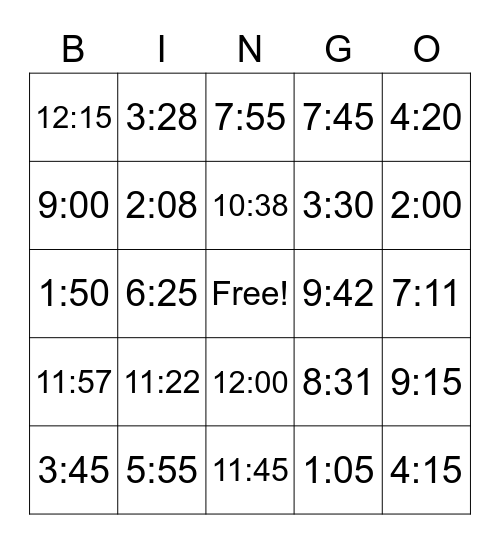 Telling Time Bingo Card