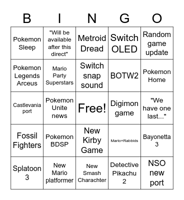 Nintendo Direct Bingo Card