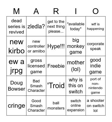 Nintendo Direct 9/23/2021 Bingo Card