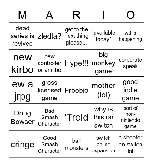 Nintendo Direct 9/23/2021 Bingo Card