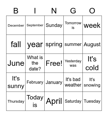 Days, Months & Weather Bingo Card