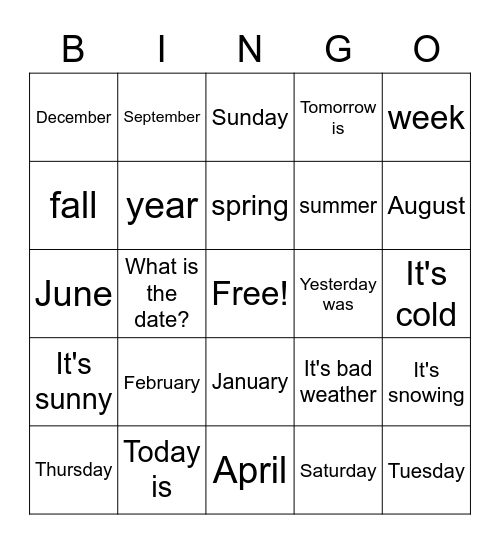 Days, Months & Weather Bingo Card