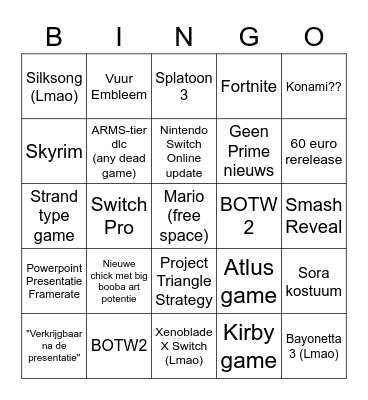 Nintendo Direct 24/9 Bingo Card