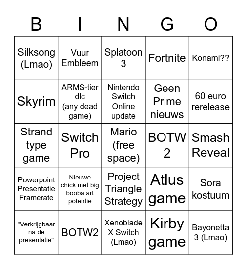 Nintendo Direct 24/9 Bingo Card