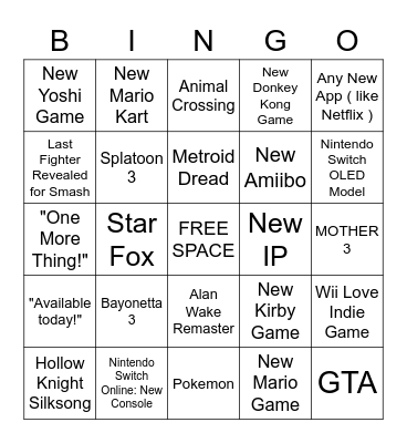 Nintendo Direct September 2021 Bingo Card