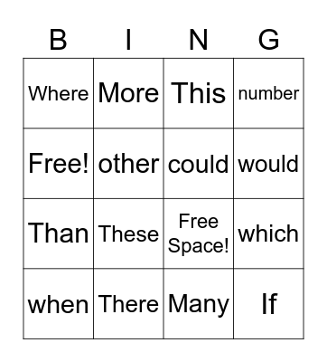 Sight Words Bingo Card