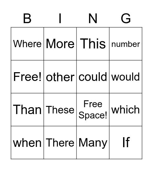 Sight Words Bingo Card