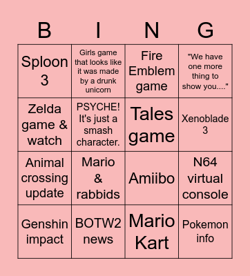 NINTYYYYY Bingo Card