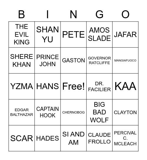 DISNEY MALE VILLANS Bingo Card