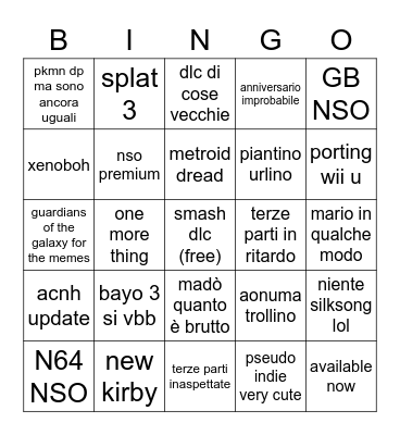 NINTENDO DIRECT EXTRAVAGANZA Bingo Card