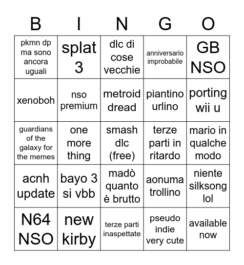 NINTENDO DIRECT EXTRAVAGANZA Bingo Card