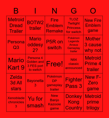 Nintendo Direct Bingo Card