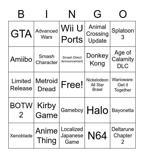 Nintendo Direct 9/23 Bingo Card