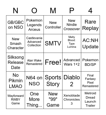 Nintendo Direct 9/23/21 Bingo Card