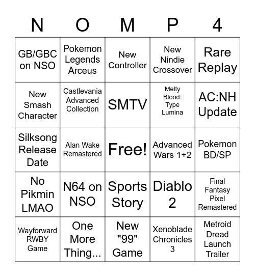 Nintendo Direct 9/23/21 Bingo Card
